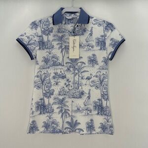 Walter Hagen Clubhouse Snap Polo Toile Blue Golf Print UPF30 Women's XS preppy